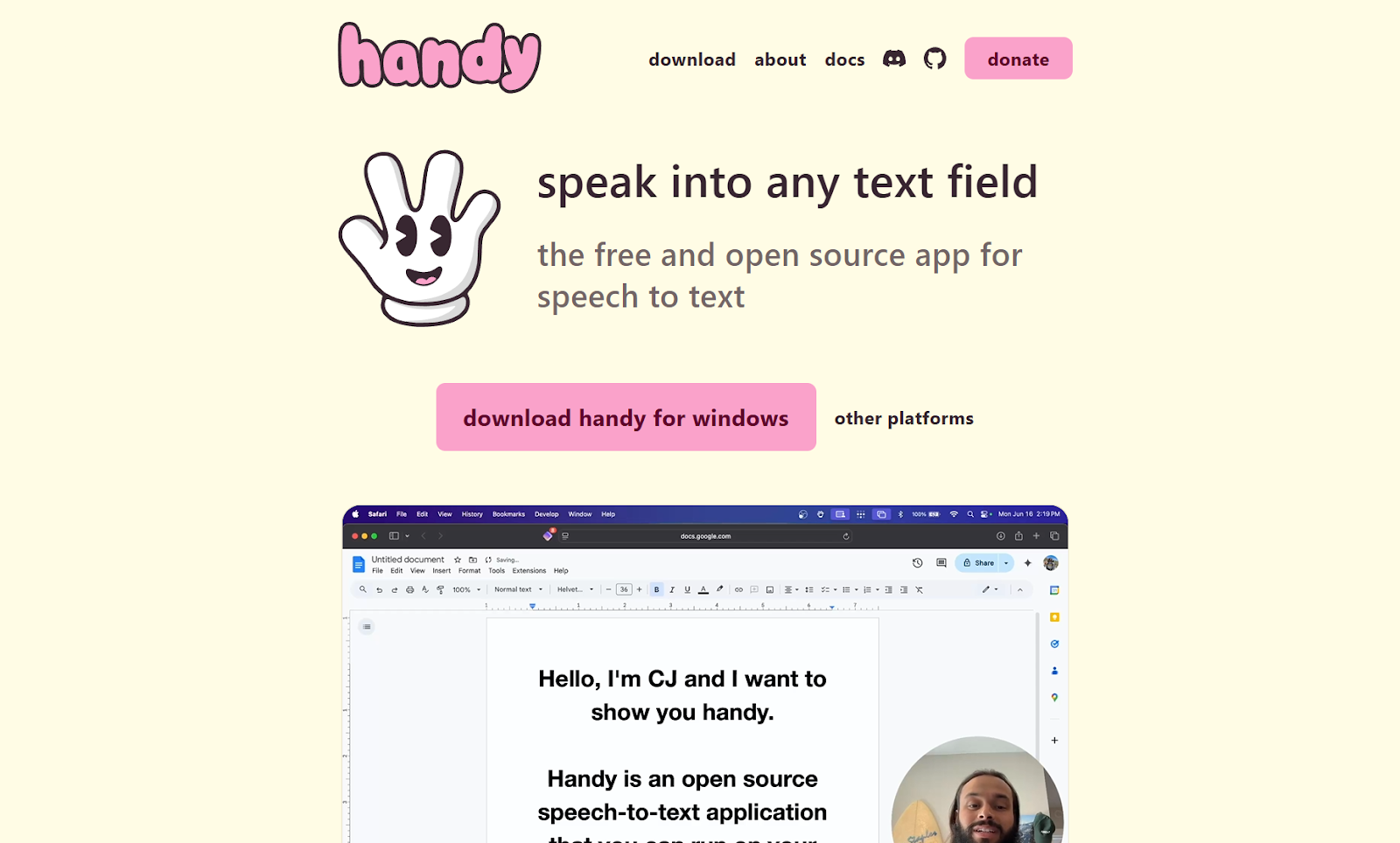 screen capture of Handy, an open source speech to text tool