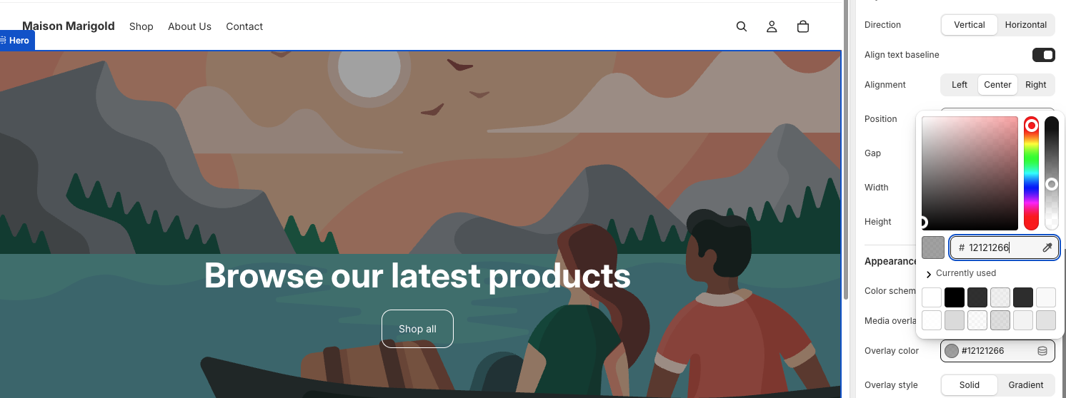 screen capture showcasing the new native Shopify color opacity selector