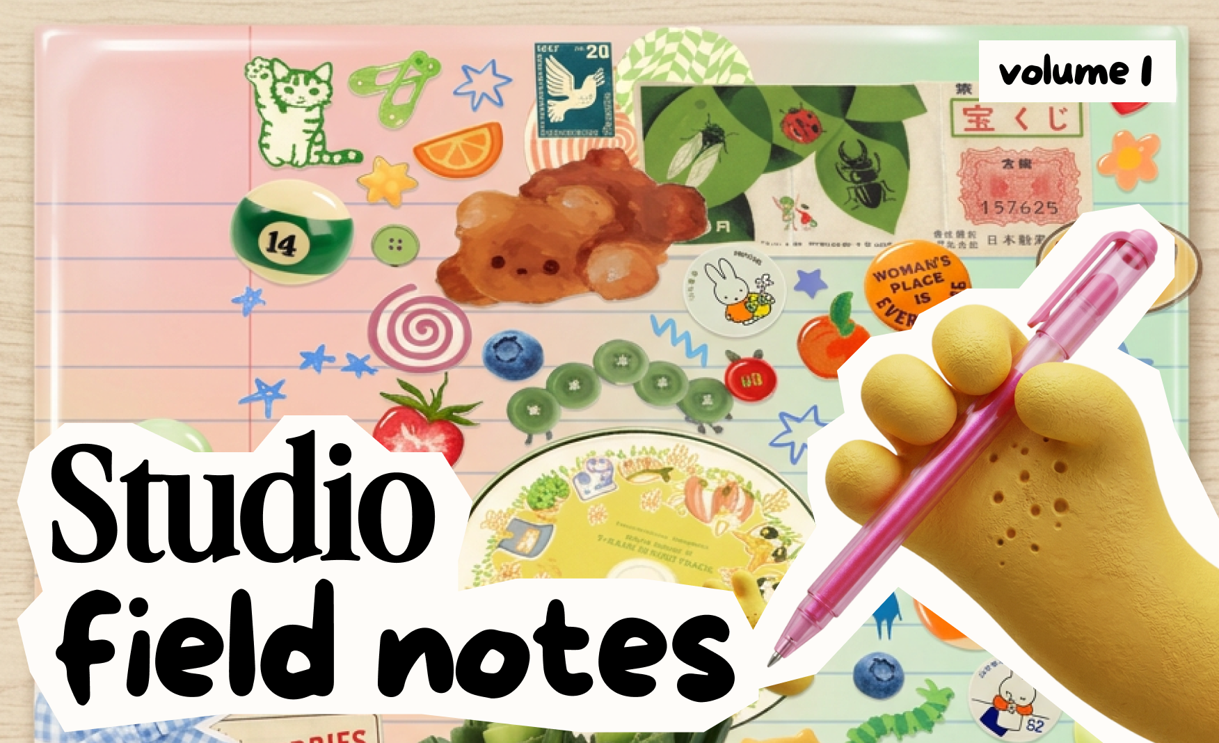 what we learned this week at Paohaus, edition 1, paper cut-outs of a claymation hand holding a pink gel pen, jellycore sticker lined paper background